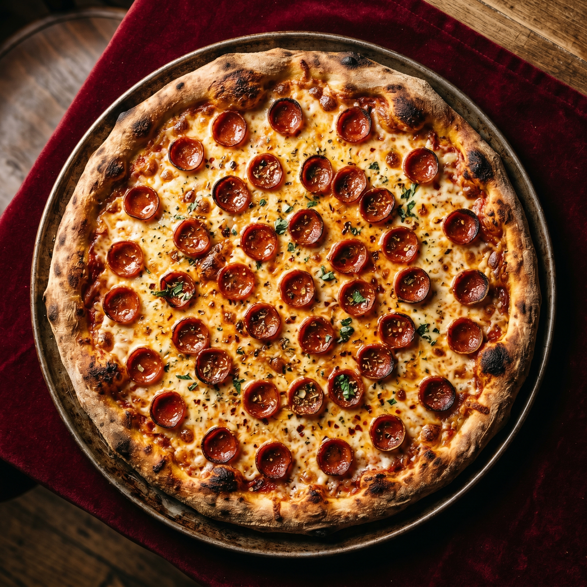 Classic round pepperoni pizza on a brass tray over oxblood velvet