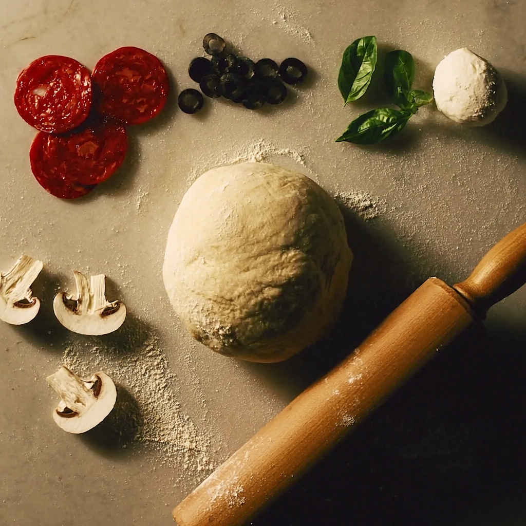 Flat lay of fresh pizza dough, pepperoni, mushrooms, basil, and a wooden rolling pin